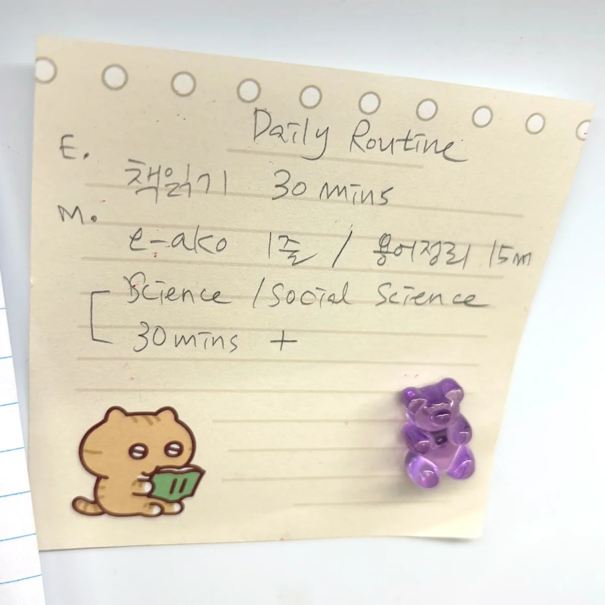 M's daily routine posted at her desk