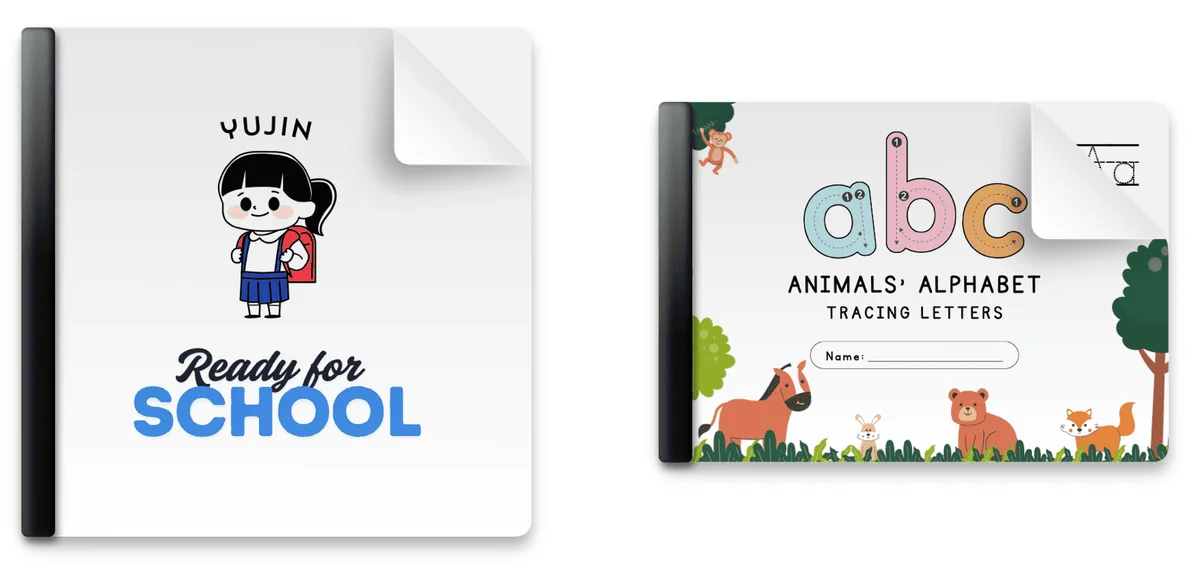 J's learning materials: homemade booklet and worksheets from Canva