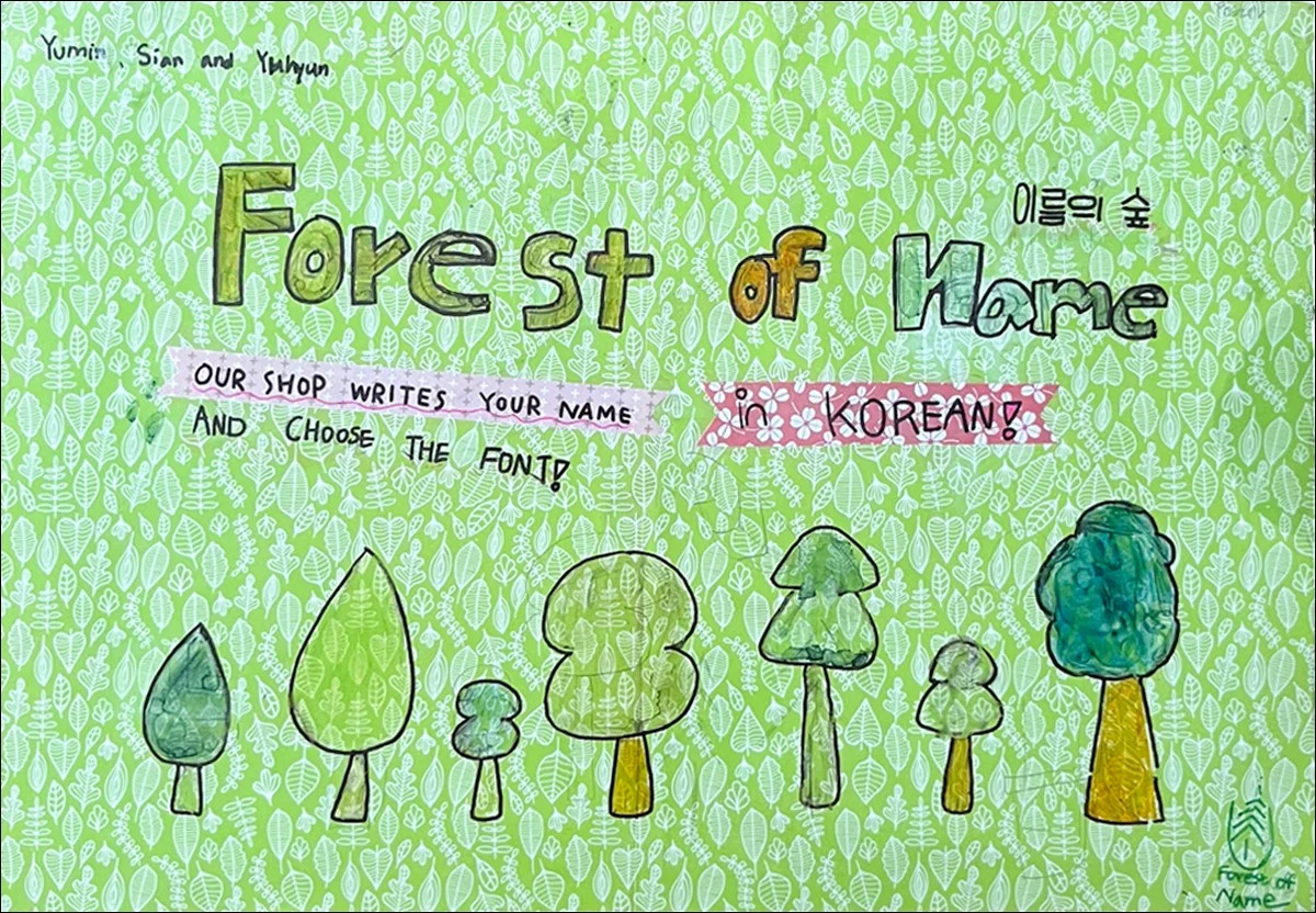 The Forest of Name sign, with foresty colors and patterns